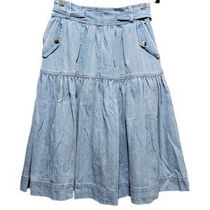Denim Midi Skirt With Belted Waist & Pockets Wrong Side Of Right Size 4 100% Cot